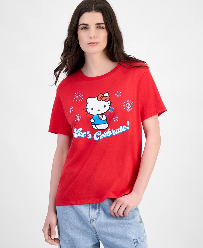 Love Tribe Juniors' Hello Kitty Fireworks Graphic-Print Crewneck Tee