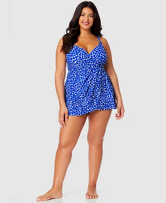 Anne Cole Plus Denim Dot Surplice-Neck Swim Dress