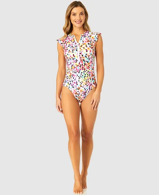 Anne Cole Women's Abstract Dot Flutter-Sleeve Zip-Front One-Piece Swimsuit