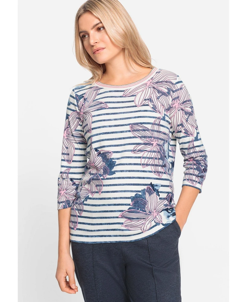 Olsen Women's Floral and Stripe Print T-Shirt
