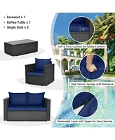 Gymax Set of 4 Rattan Furniture Set Cushioned Sofa Chair Coffee Table Patio