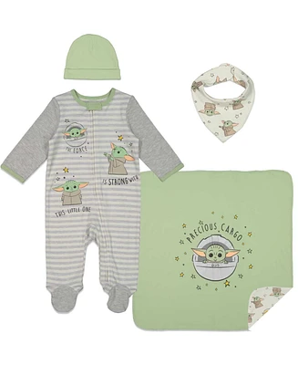 Star Wars Baby Boys The Mandalorian Yoda Zip Up Sleep N' Play Bib Blanket and Hat 4 Piece Outfit Set