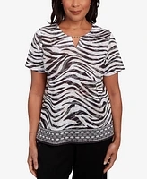 Alfred Dunner Women's Beaded Split Neck Animal Print Top