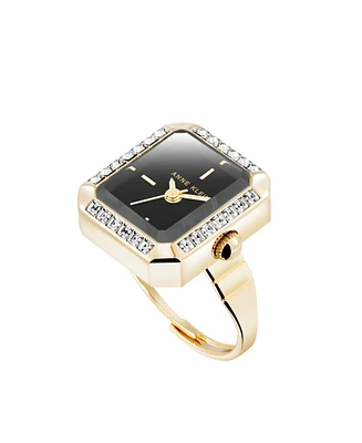 Anne Klein Women's Quartz Octagonal Black and Gold-Tone Metal Alloy Crystal Ring Watch, 19mm