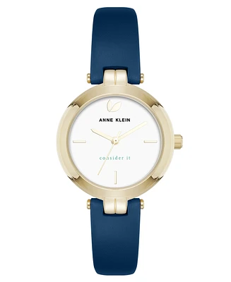 Anne Klein Women's Quartz Round Blue Leather and Gold-Tone Metal Alloy Strap Watch, 32mm