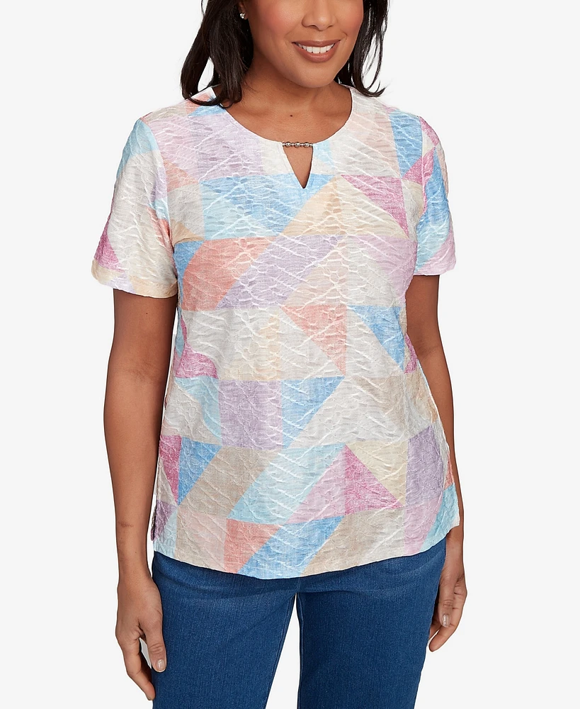 Alfred Dunner Women's Keyhole Geometric Patchwork Top