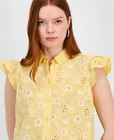 T Tahari Women's Cotton Eyelet Flutter-Sleeve Top
