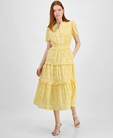 T Tahari Women's Cotton Eyelet Tiered Midi Dress
