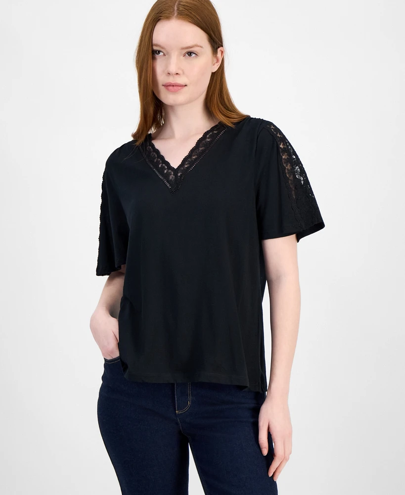 Style & Co Women's Lace-Trim V-Neck Top, Exclusively at Macy's