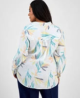 Charter Club Plus 100% Linen Palm Print Shirt, Exclusively at Macy's