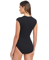 Bleu by Rod Beattie Women's Pique Ole Cap Sleeve Surplice One-Piece Swimsuit