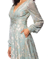 Betsy & Adam Women's Metallic V-Neck Ruched-Waist Gown