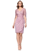 Betsy & Adam Women's Lace Drape-Back Ruched Dress