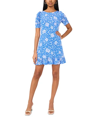 Msk Petite Floral-Print Puff-Sleeve Shift Dress