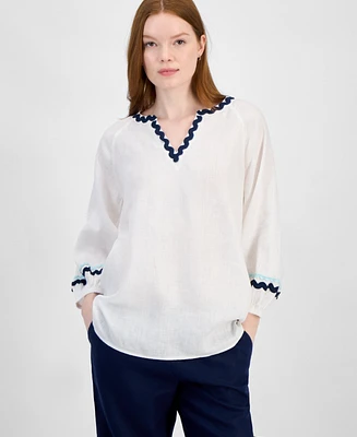 Charter Club Women's 100% Linen Rickrack-Trim Top, Exclusively at Macy's