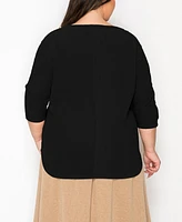 Coin 1804 Plus Textured Rib Button Shoulder 3/4 Sleeve Top