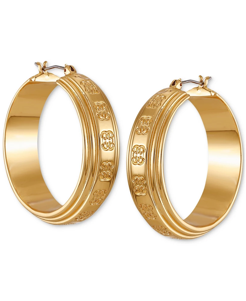 Guess Gold-Tone Medium Textured Logo Hoop Earrings, 2"