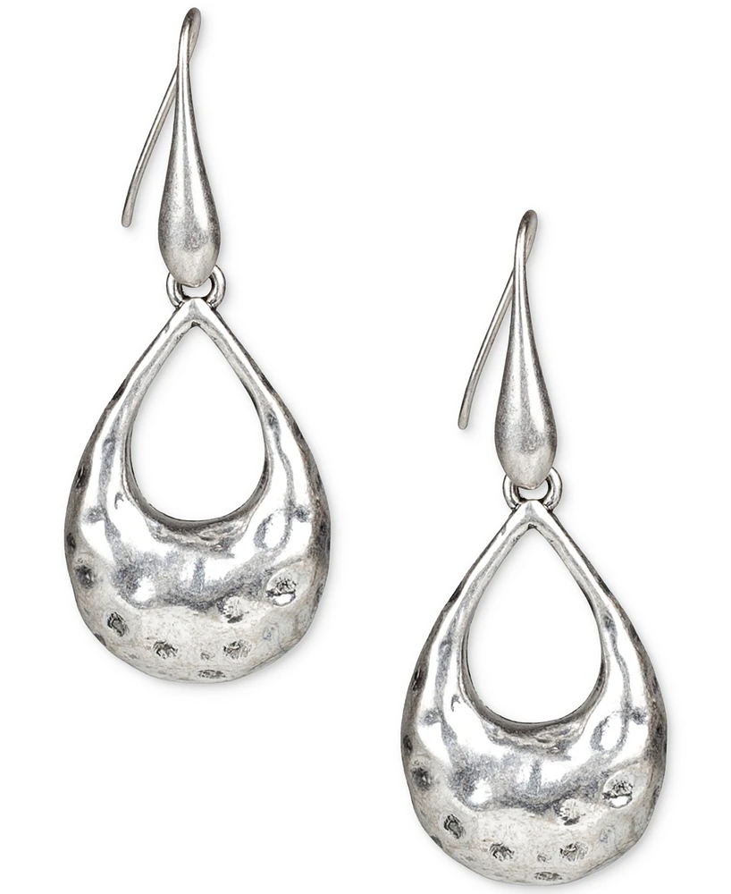 Guess Silver-Tone Open Tear-Shape Hammered Drop Earrings