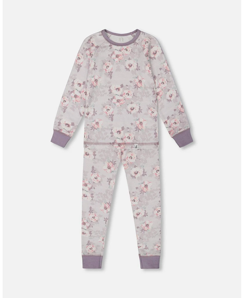 Deux par Big Girls Printed Cotton Long Sleeve Top And Pant Pajama Set Pale Pink Flowers On Neutral Lilac