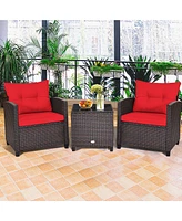 Gymax 3PCS Patio Outdoor Rattan Conversation Set w/ Cushion Coffee Table