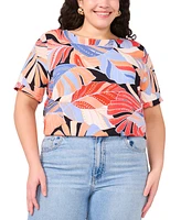 Vince Camuto Women's Tropical-Print Round-Neck Keyhole-Back Cuff-Sleeve Top, Xs-3X