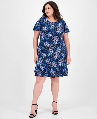 Connected Plus Printed Scoop-Neck Flutter-Sleeve Shift Dress