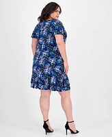 Connected Plus Printed Scoop-Neck Flutter-Sleeve Shift Dress