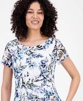Connected Petite Printed Lace Short-Sleeve Fit & Flare Dress