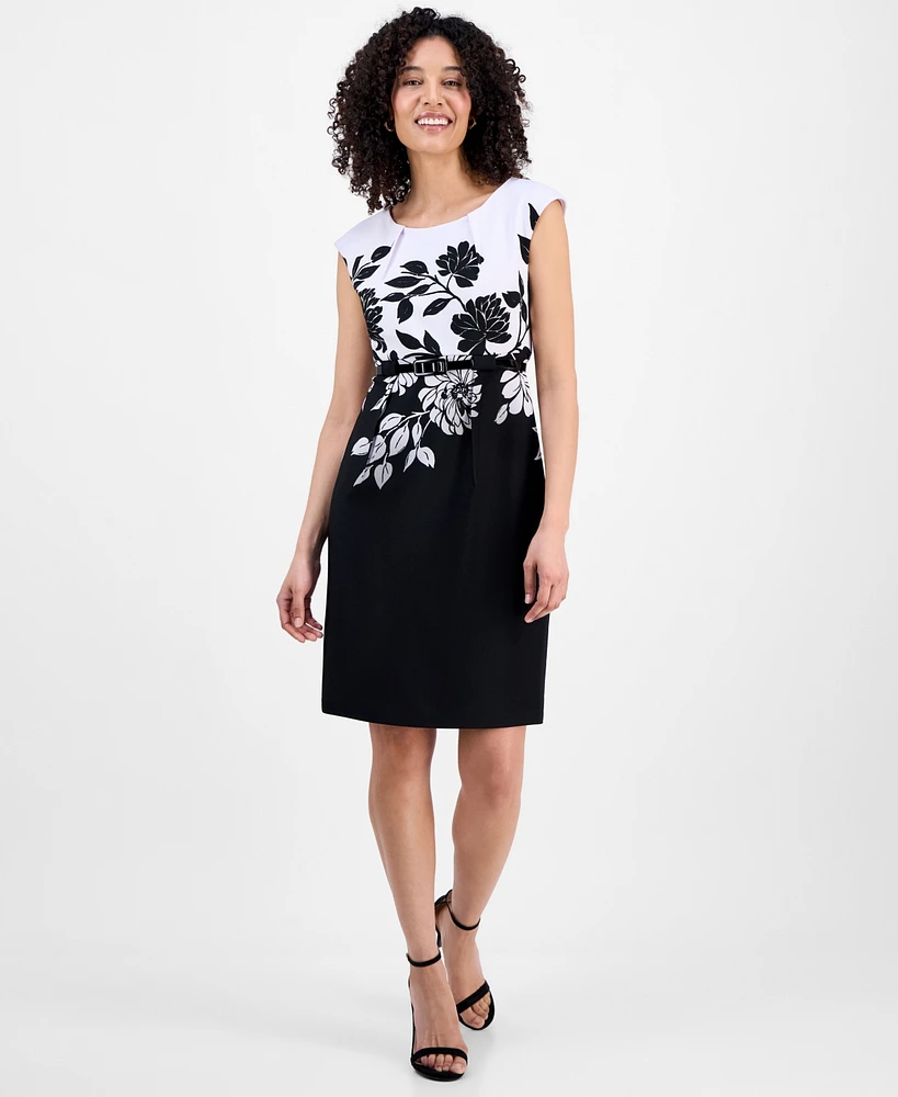 Connected Petite Floral Jewel-Neck Belted Sheath Dress