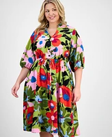 Sandra Darren Plus Print Tie-Waist 3/4-Sleeve Midi Dress