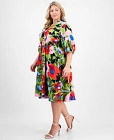 Sandra Darren Plus Print Tie-Waist 3/4-Sleeve Midi Dress