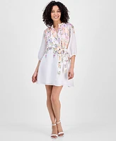 Sandra Darren Petite Placed-Floral Tie-Waist Shift Dress