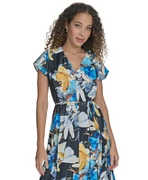 Calvin Klein Women's Floral Tie-Waist High-Low Midi Dress