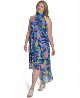 Eliza J Plus Printed Chiffon High-Low Halter Dress