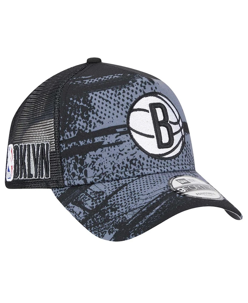 New Era Men's Black/Charcoal Brooklyn Nets Tip Off A-Frame Trucker 9FORTY Adjustable Hat