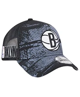 New Era Men's Black/Charcoal Brooklyn Nets Tip Off A-Frame Trucker 9FORTY Adjustable Hat