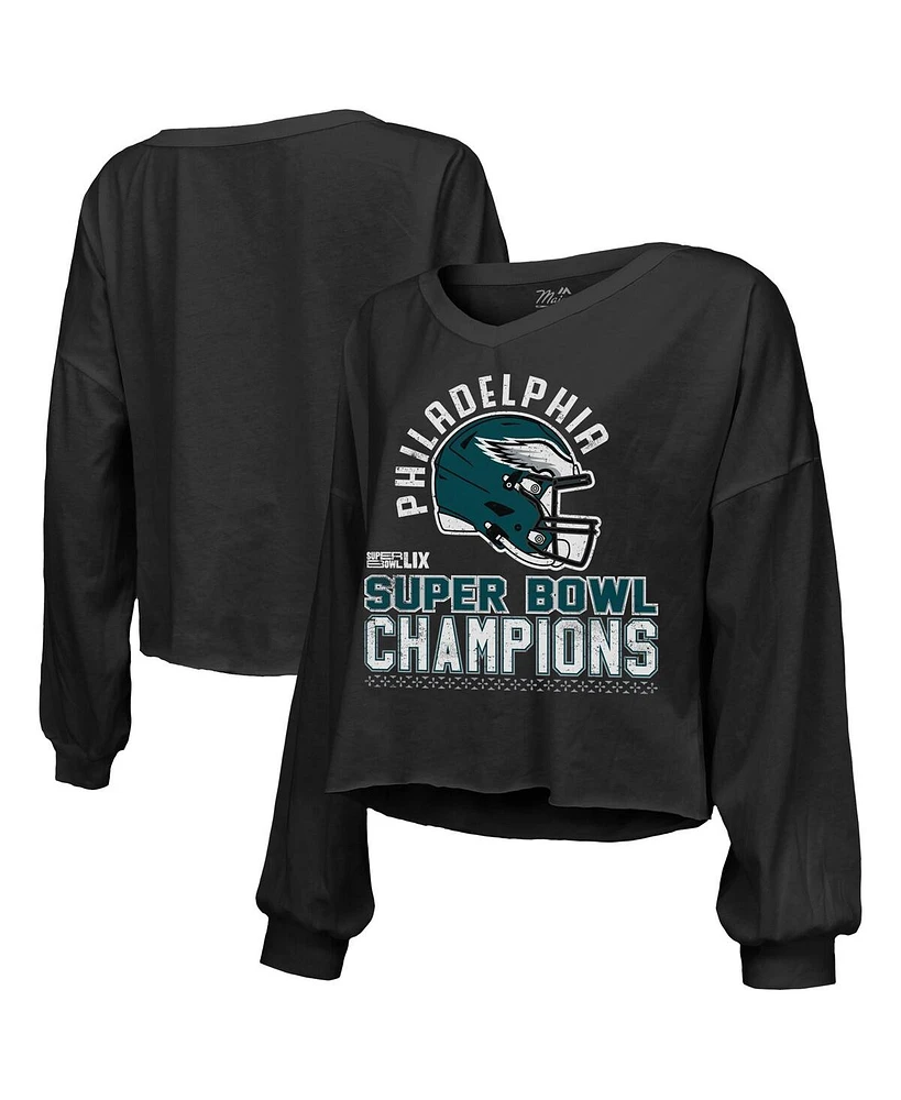 Majestic Women's Black Philadelphia Eagles Super Bowl Lix Champions Hard Count Off Shoulder V-Neck Long Sleeve T-Shirt