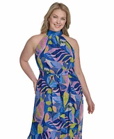 Eliza J Plus Printed Chiffon High-Low Halter Dress