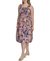 Eliza J Plus Cotton Floral Smocked-Waist Midi Dress