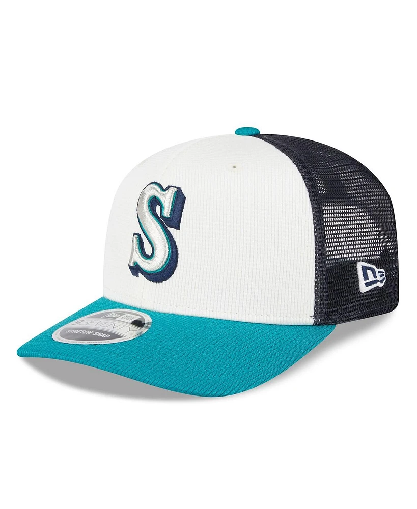 New Era Men's White/Aqua Seattle Mariners 2025 Batting Practice 9SEVENTY Stretch-Snap Trucker Hat