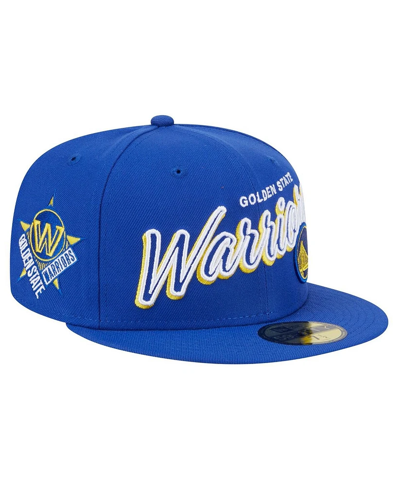 New Era Men's Royal Golden State Warriors Sport Night Script Sided 59FIFTY Fitted Hat