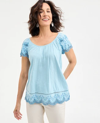 Style & Co Women's Scoop-Neck Embroidered Short-Sleeve Top, Exclusively at Macy's
