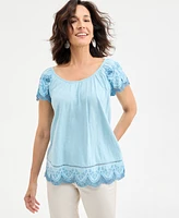 Style & Co Women's Scoop-Neck Embroidered Short-Sleeve Top, Exclusively at Macy's