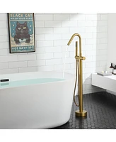 Brushed Gold Floor Mounted Tub Filler Shower Faucet Single Handle Freestanding Bathtub Faucet Bathtub Shower Mixer Tap with Handheld Shower Sprayer
