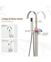 Freestanding Bathtub Faucet Floor Mount Tub Filler Brushed Nickel Brass Bathroom Faucets Single Handle with Hand Shower