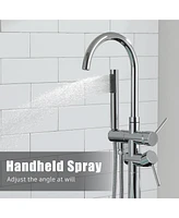 Freestanding Bathtub Faucet Floor Mount Tub Filler Faucet with Handheld Shower 360° Swivel Bathtub Faucet Set with Stainless Steel Water Supply P