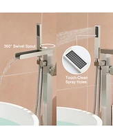 Freestanding Bathtub Faucet Bathtub Tub Filler Floor Mount Bathroom Faucets Brass Single Handle Tub Faucet with Handheld Spray, Brushed Nickel