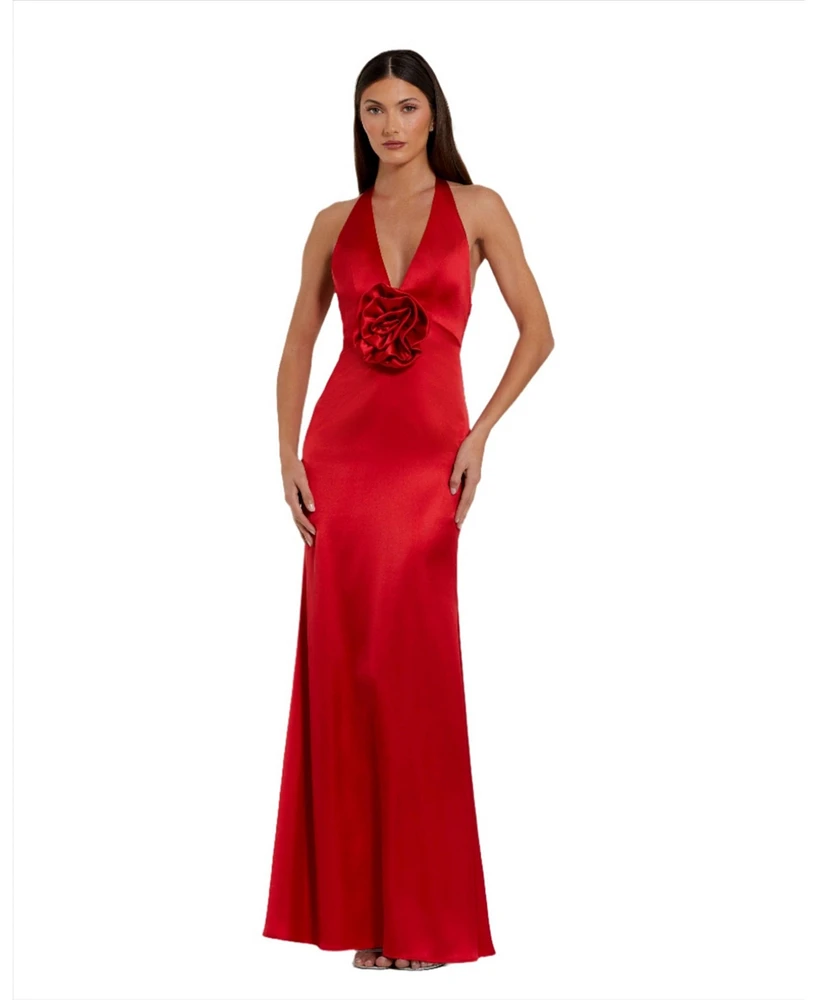 Mac Duggal Women's Fitted Satin Sleeveless Halter Gown With 3D Flower