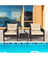 Gymax 3PCS Outdoor Patio Rattan Furniture Set w/ Chairs Coffee Table Cushions