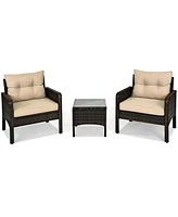 Gymax 3PCS Outdoor Patio Rattan Furniture Set w/ Chairs Coffee Table Cushions